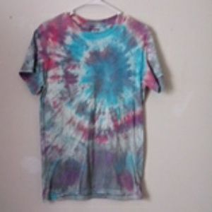 A red, blue, and purple tie dye t-shirt